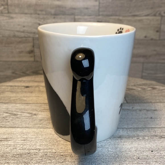 White Ceramic Black Cat Meow Paw Prints Coffee Mug Tea Cup 12oz - Picture 3 of 11